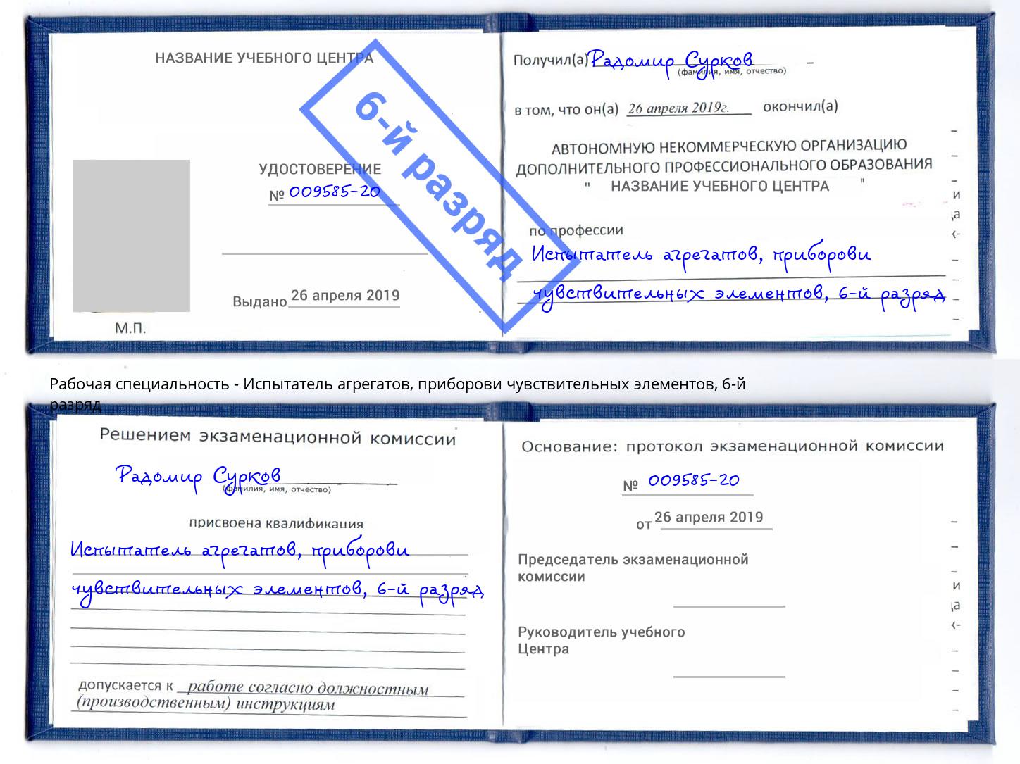 корочка 6-й разряд Испытатель агрегатов, приборови чувствительных элементов Сергиев Посад