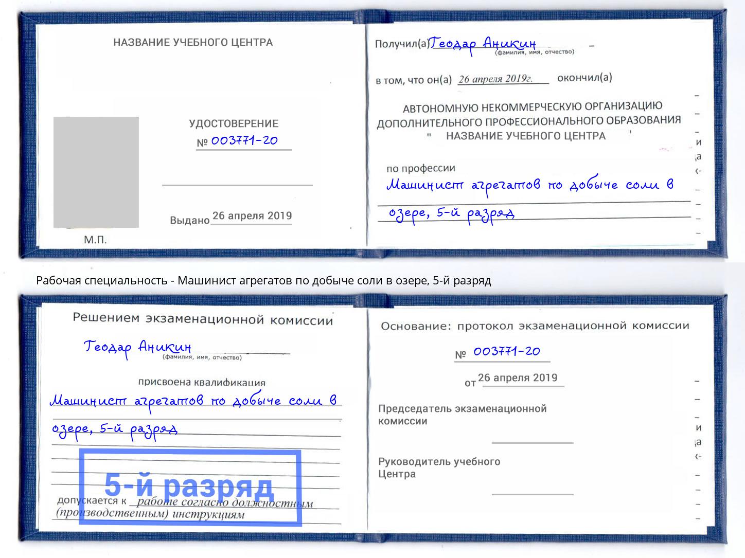 корочка 5-й разряд Машинист агрегатов по добыче соли в озере Сергиев Посад